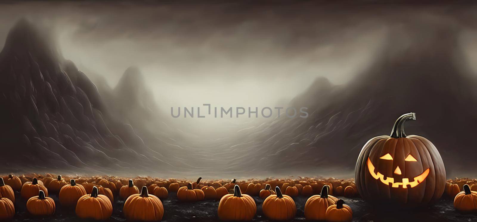 Surreal halloween jack o lantern banner background. Digital art painting for book illustration,background wallpaper, concept art.