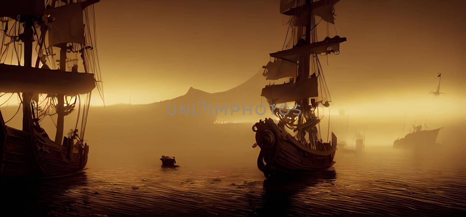 Ship at sea on an orange golden hour misty foggy scene. Illustration background wallpaper, concept art. by yay_lmrb