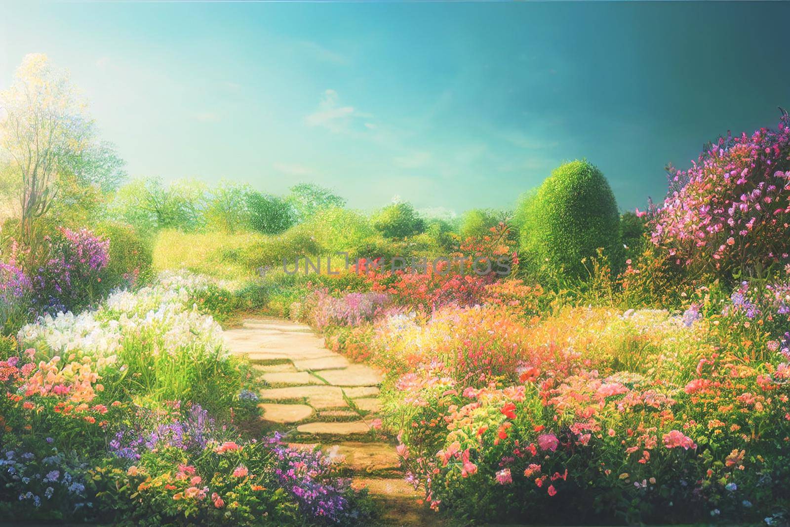 3D render digital painting of garden with flowers and trees, Floral HD wallpaper by FokasuArt