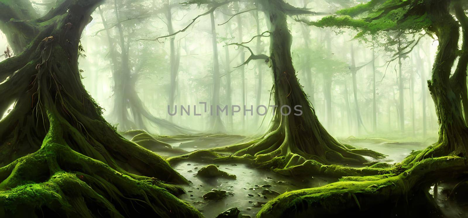 Green moss on tree stomp roots in a forest. Digital art painting for background wallpaper, concept art. by yay_lmrb