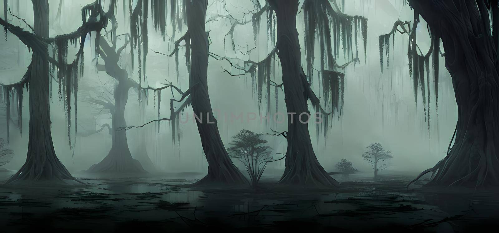 Scary mystical forest.Creepy trees halloween concept, magical forest landscape. Digital art painting for book illustration,background wallpaper, concept art.