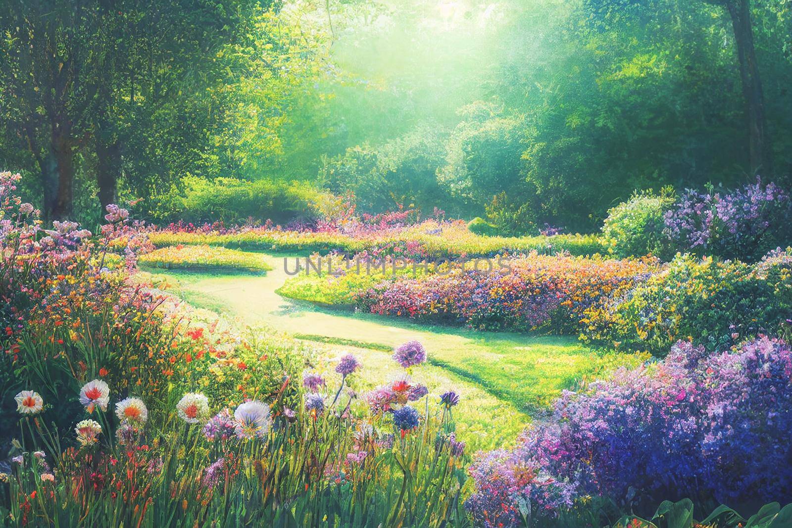 3D render digital painting of garden with flowers and trees, Floral HD wallpaper by FokasuArt