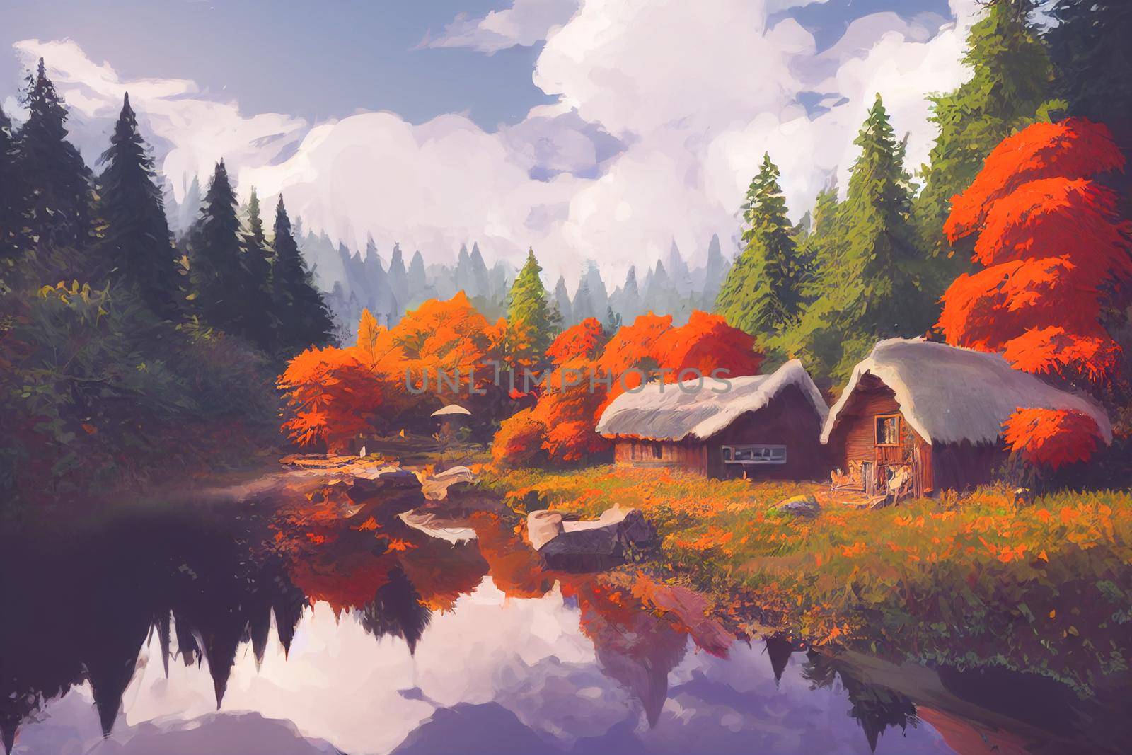 3D render digital painting of cabin near a river in the redwood forest. Autumn wallpaper theme.