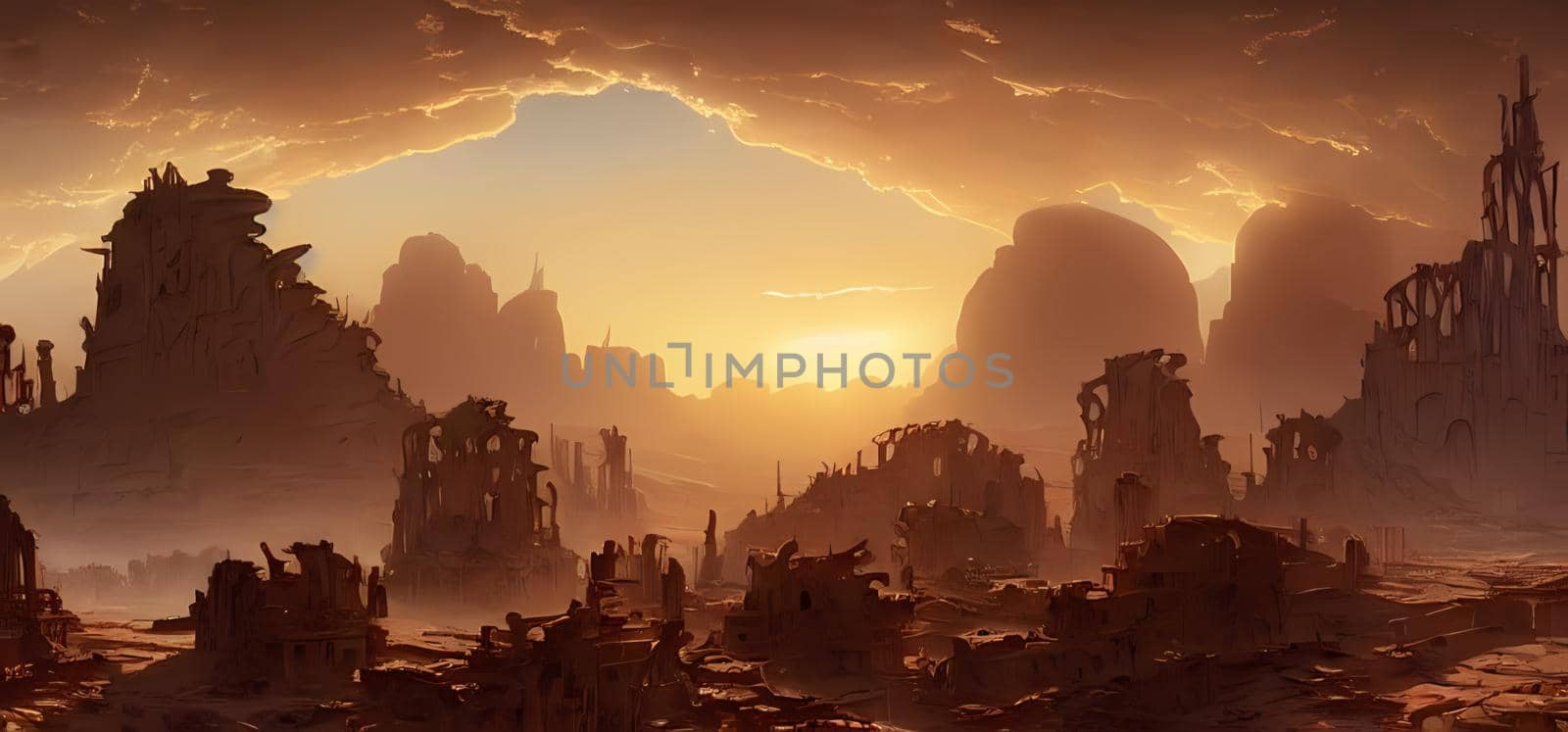 High desert mountains, rocky ridge valley.Digital art painting for background wallpaper, concept art.