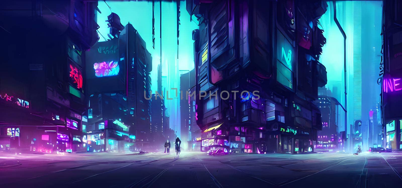 Cyberpunk neon city night. Futuristic city scene in a style of cyberpunk art.Retro future illustration. Urban scene. Digital art painting for book illustration,background wallpaper, concept art. by yay_lmrb