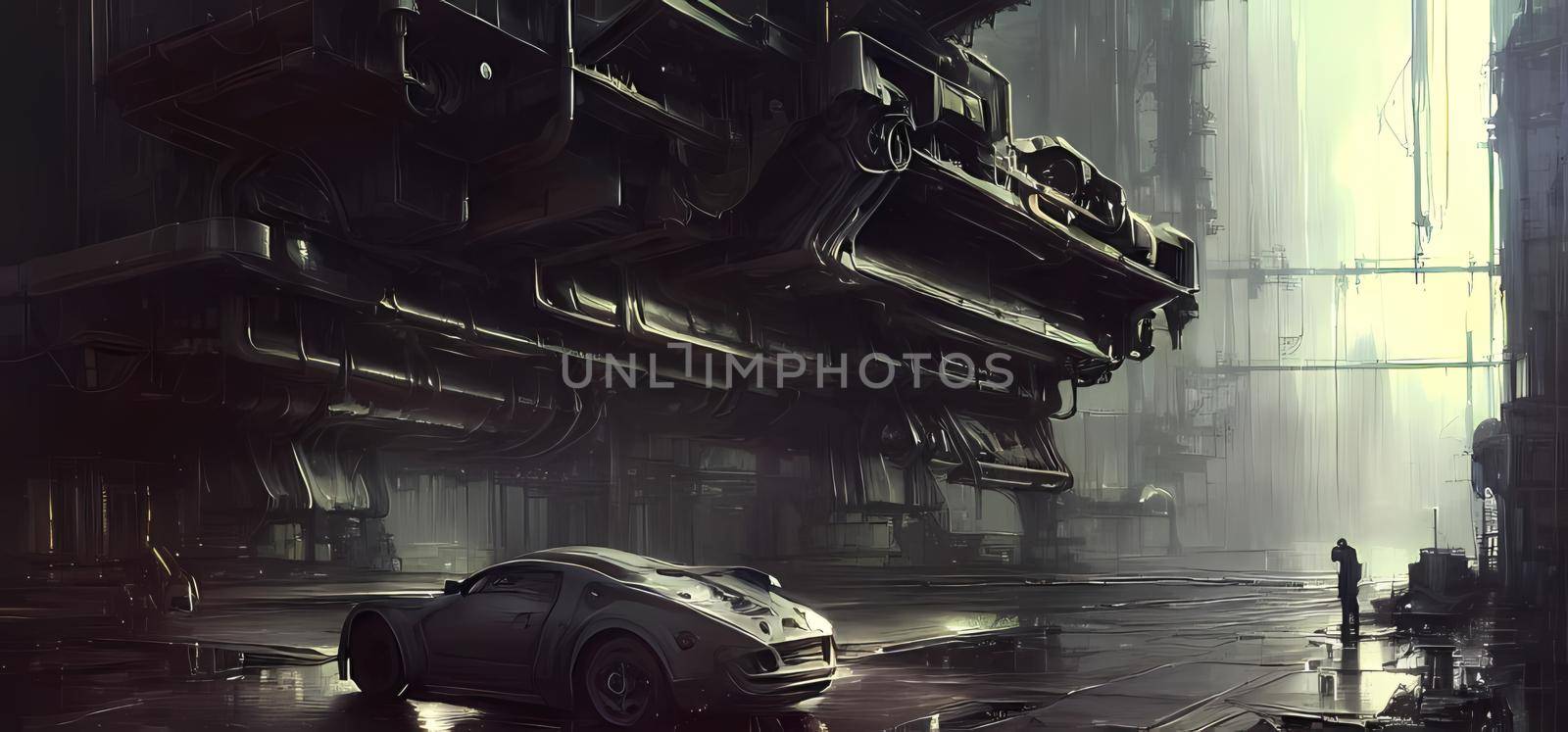 Dark backstreet in a fantasy future cyberpunk city with moody tones.Digital art painting for book illustration,background wallpaper, concept art. by yay_lmrb