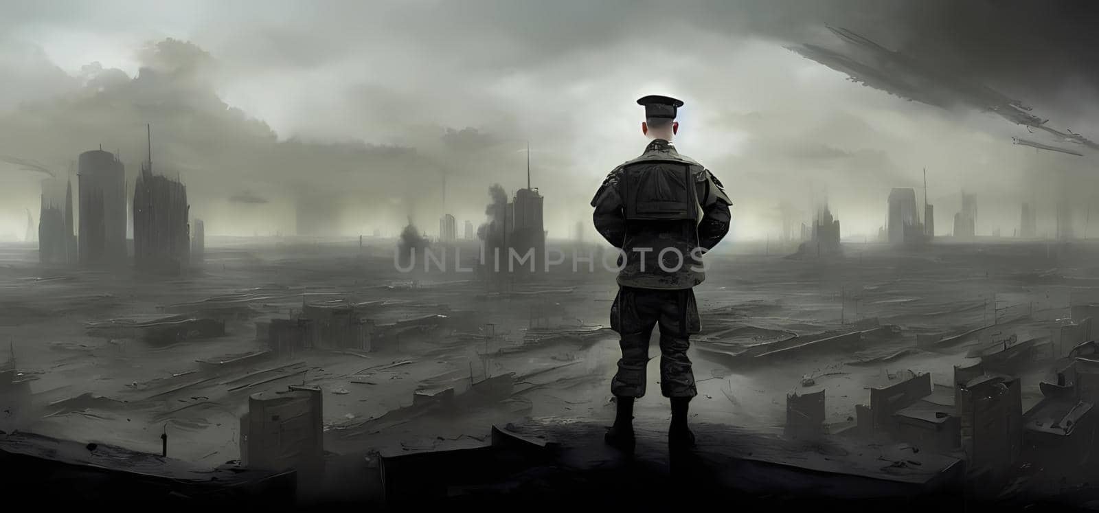 A soldier in city ruins of war background digital art style, illustration painting by yay_lmrb