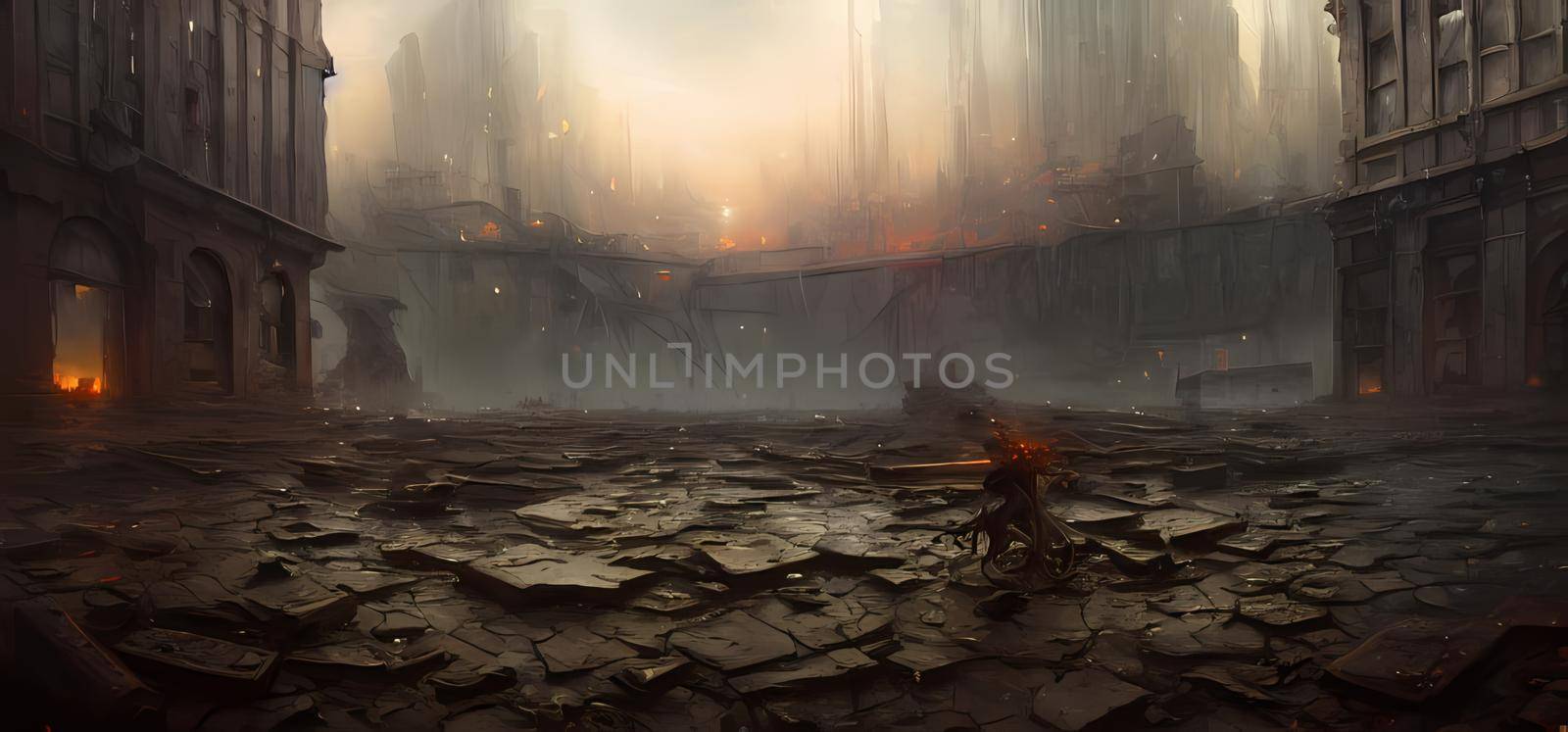 Cinematic disaster concept with ruins and damaged buildings.Digital art painting for book illustration,background wallpaper, concept art. by yay_lmrb