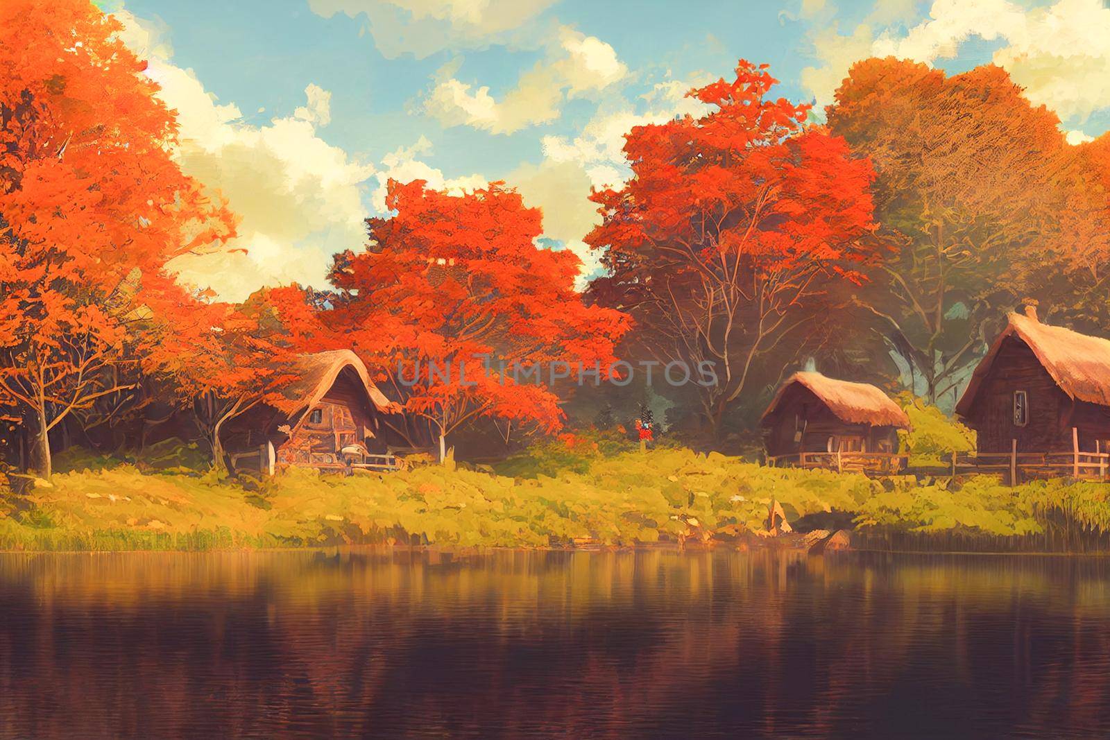 3D render digital painting of cabin near a river in the redwood forest by FokasuArt