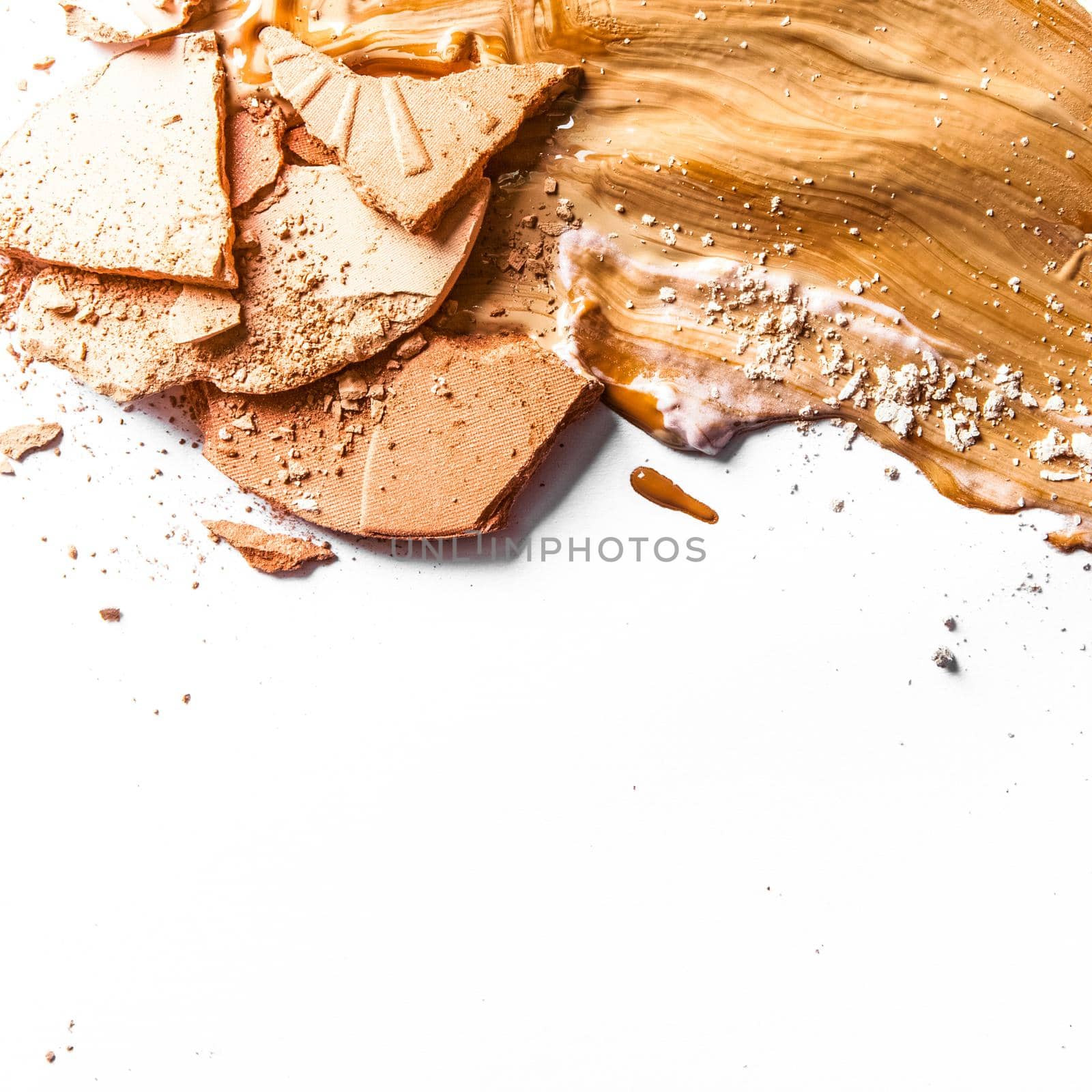 Beauty texture, cosmetic product and art of make-up concept - Crushed eyeshadow, powder and liquid foundation close-up isolated on white background