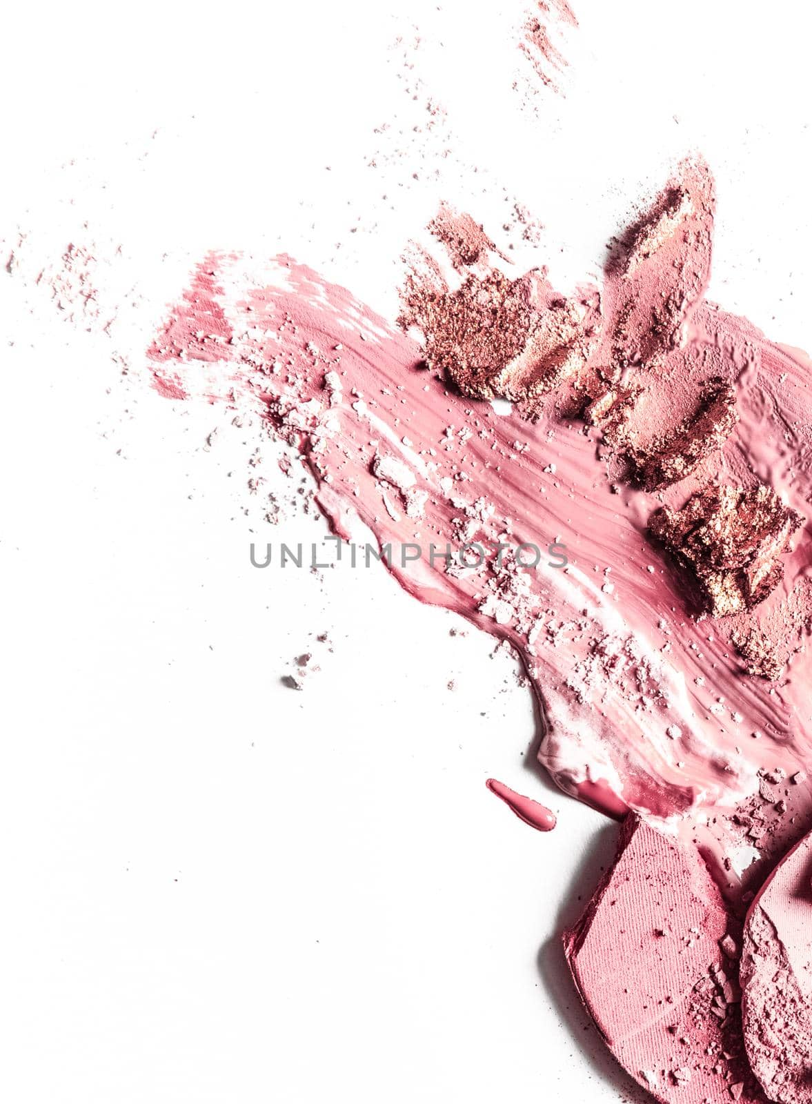 Beauty texture, cosmetic product and art of make-up concept - Crushed eyeshadow, powder and liquid foundation close-up isolated on white background