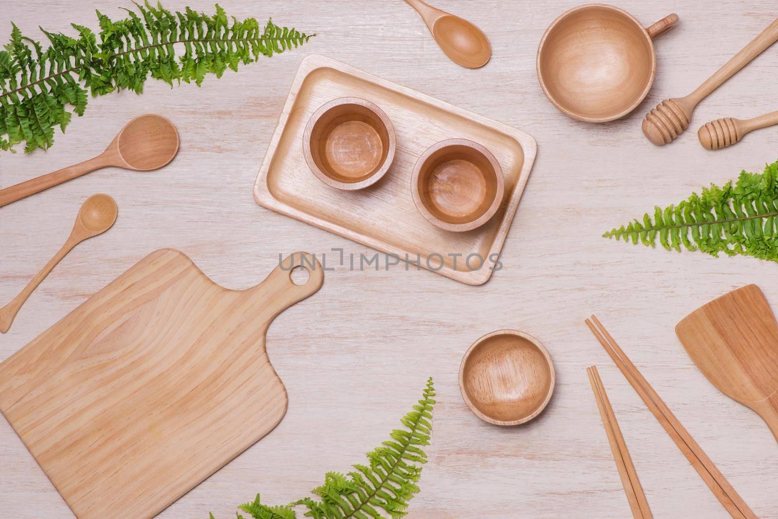 Design concept of mockup arious kitchenware utensils set on table.