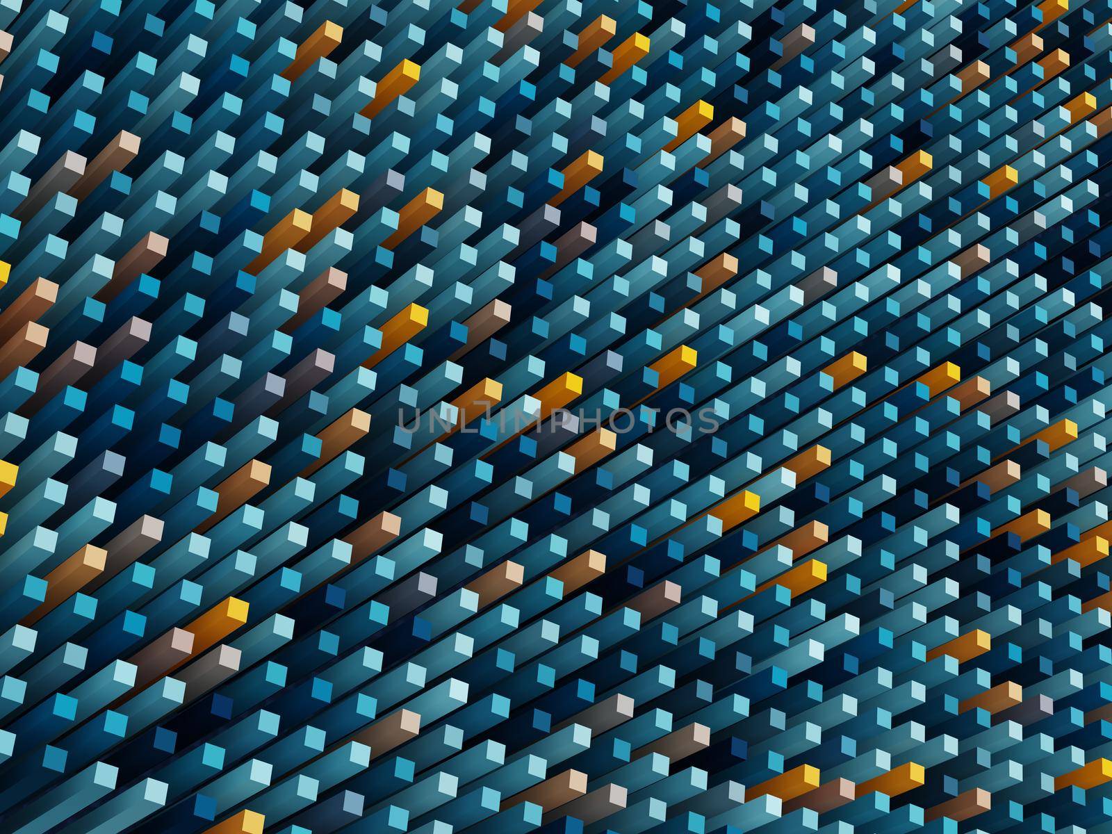 Abstract blue and yellow mosaic structure. Trendy futuristic background. 3d render