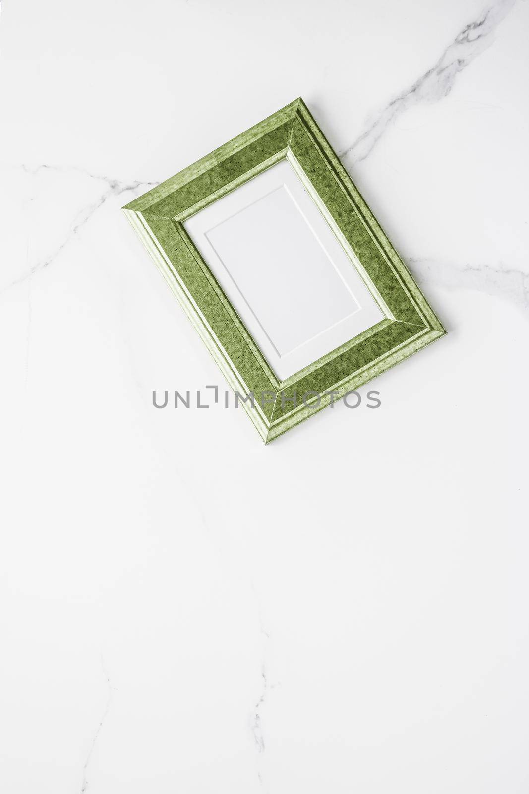 Modern feminine, artwork mock up, luxury design concept. Decorate with chic and style - Green photo frame on marble, flatlay