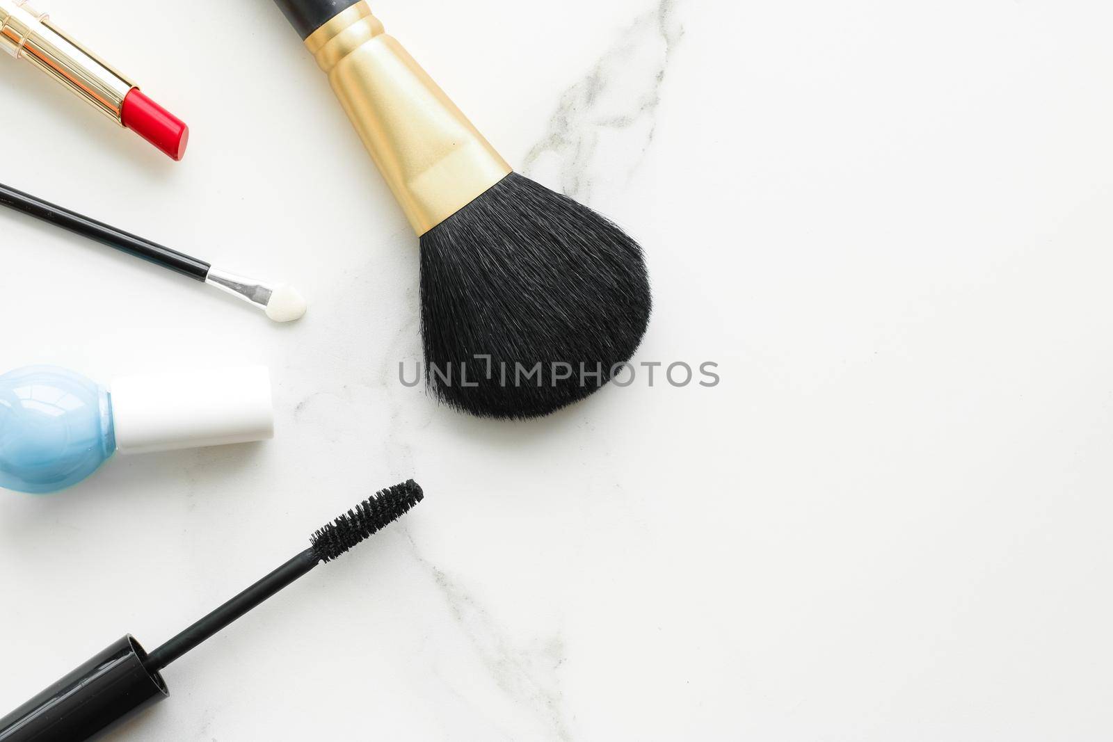 Make-up and cosmetics products on marble, flatlay background - modern feminine lifestyle, beauty blog and fashion inspiration concept