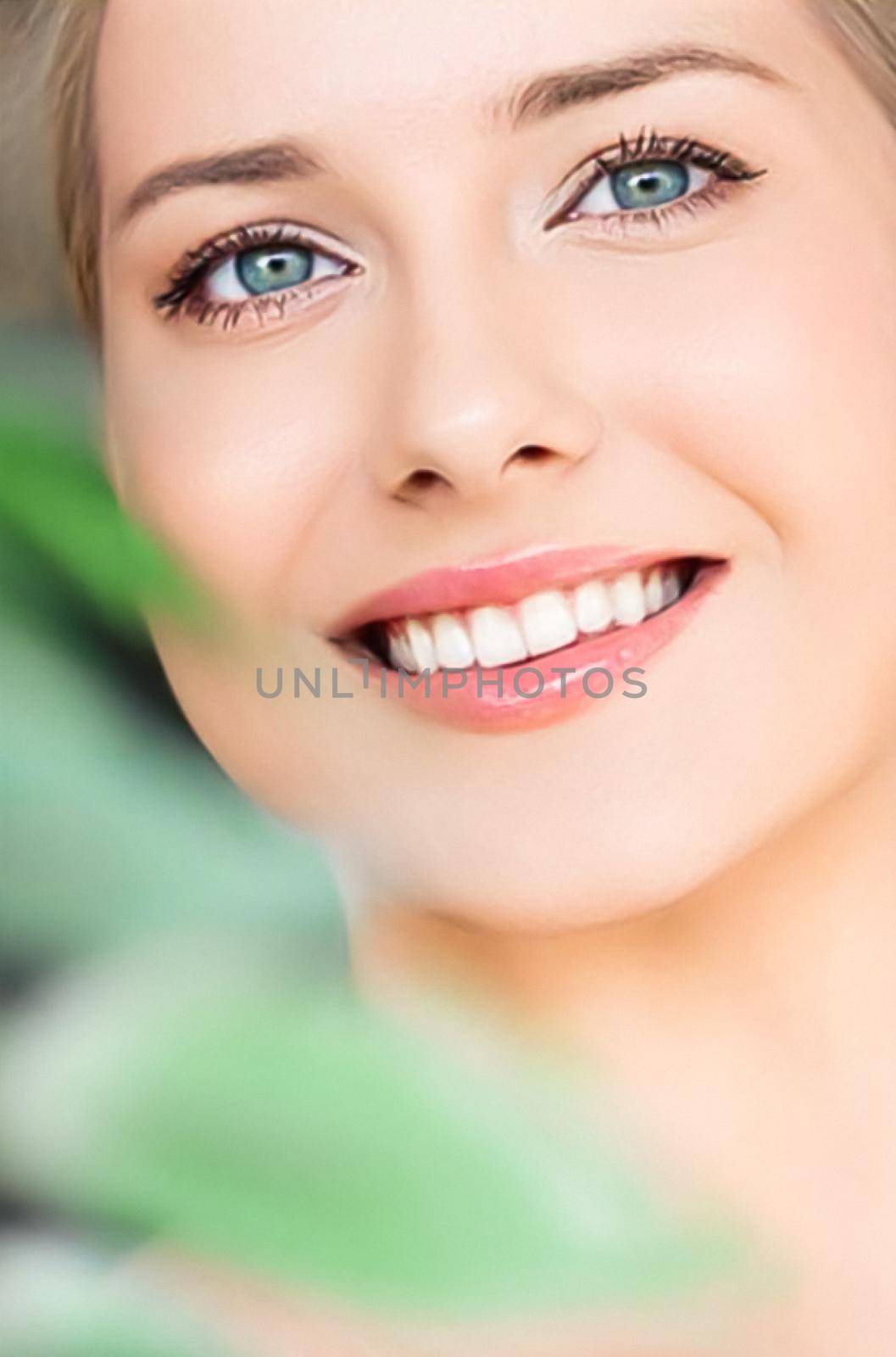 Natural beauty, perfect white teeth and healthy smile, beautiful woman in nature for skincare cosmetics and dental care, close-up portrait