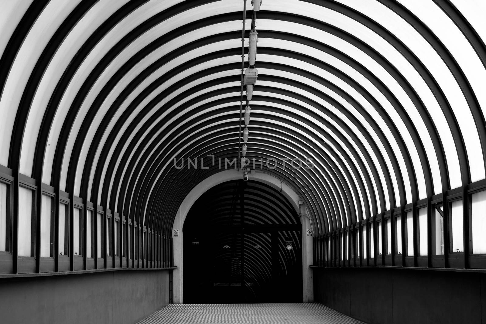 Perspective view of an entrance to North train station in Barcelona in Black and white