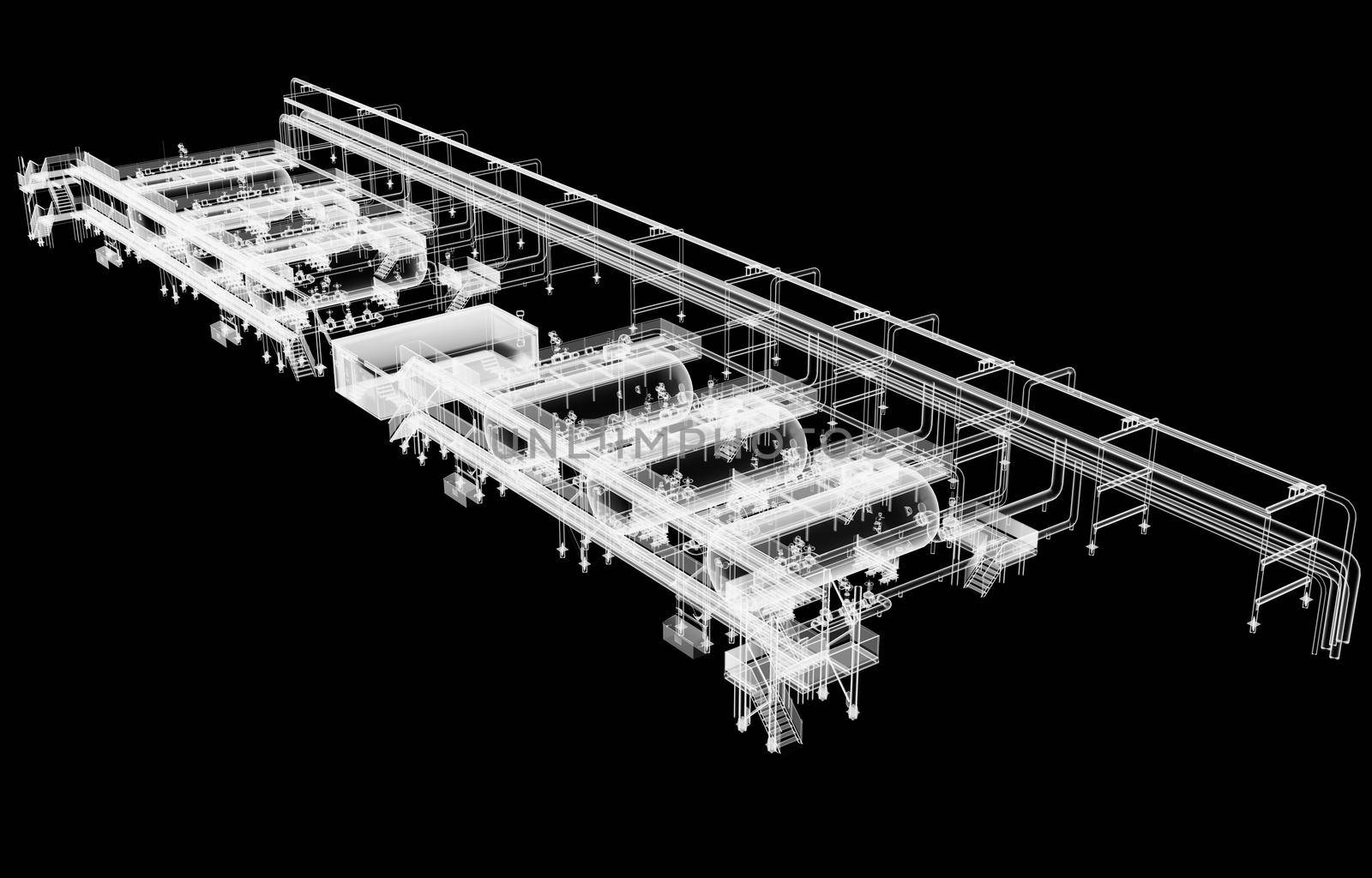 Industrial equipment. X-Ray 3d illustration on black background. Non-destructive testing concept