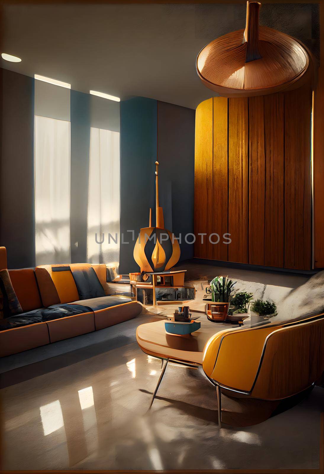 mid century modern style interior, neural network generated art. Digitally generated image. Not based on any actual scene or pattern.