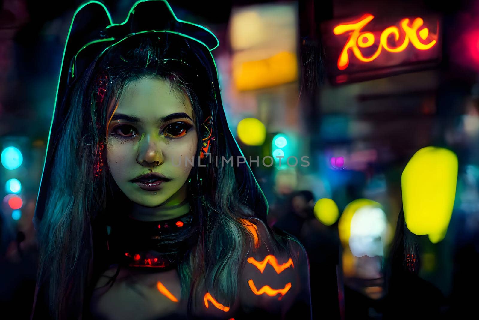 beautiful halloween witch makeup girl in stylish costume at celebration night, neural network generated art by z1b