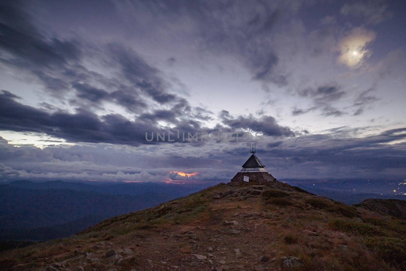 Landscape views of sunset from the summit of Mt Buller over the Victorian Alps in the Victorian High Country, Australia