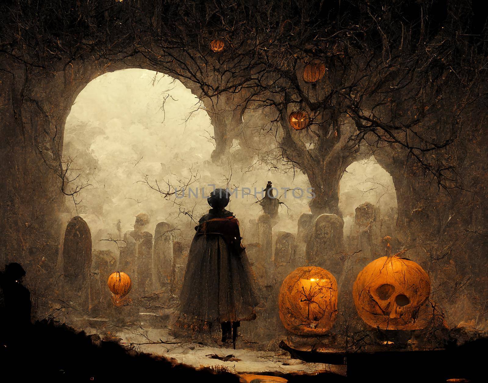 Halloween background. Spooky forest pumpkin in graveyard.