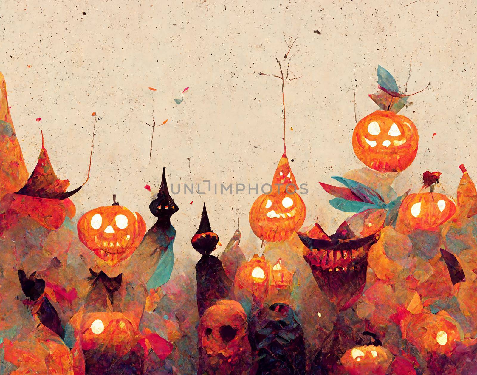 Halloween greeting card background. Spooky pumpkin in graveyard. by kaisorn