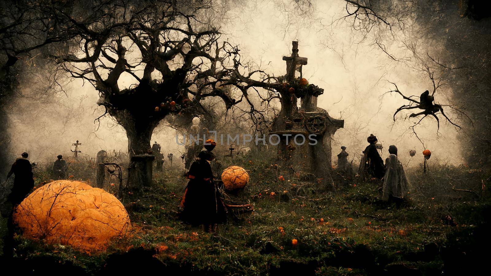 Halloween background. Spooky forest pumpkin in graveyard. by kaisorn