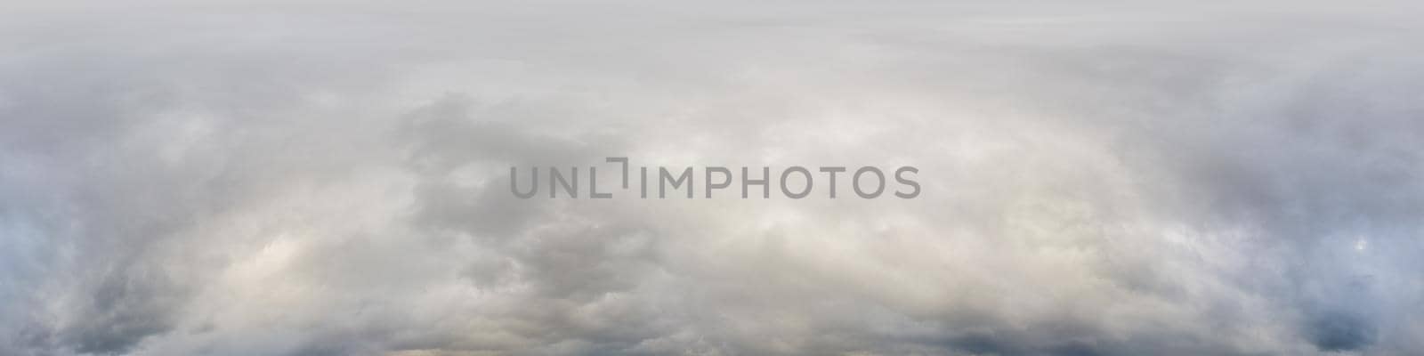 Sky panorama on overcast rainy day with low clouds in seamless spherical equirectangular format. Complete zenith for use in 3D graphics, game and for aerial drone 360 degree panorama as a sky dome.