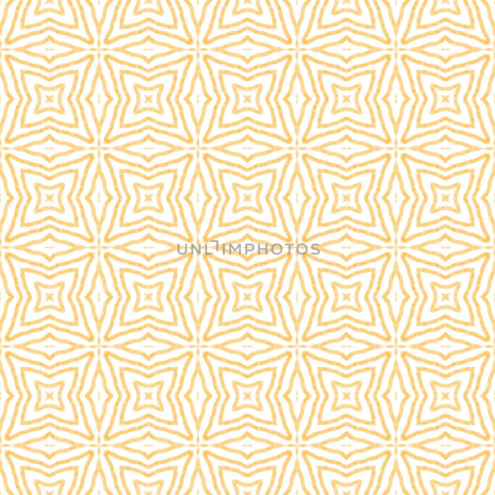 Ikat repeating swimwear design. Yellow symmetrical kaleidoscope background. Summer ikat sweamwear pattern. Textile ready exceptional print, swimwear fabric, wallpaper, wrapping.