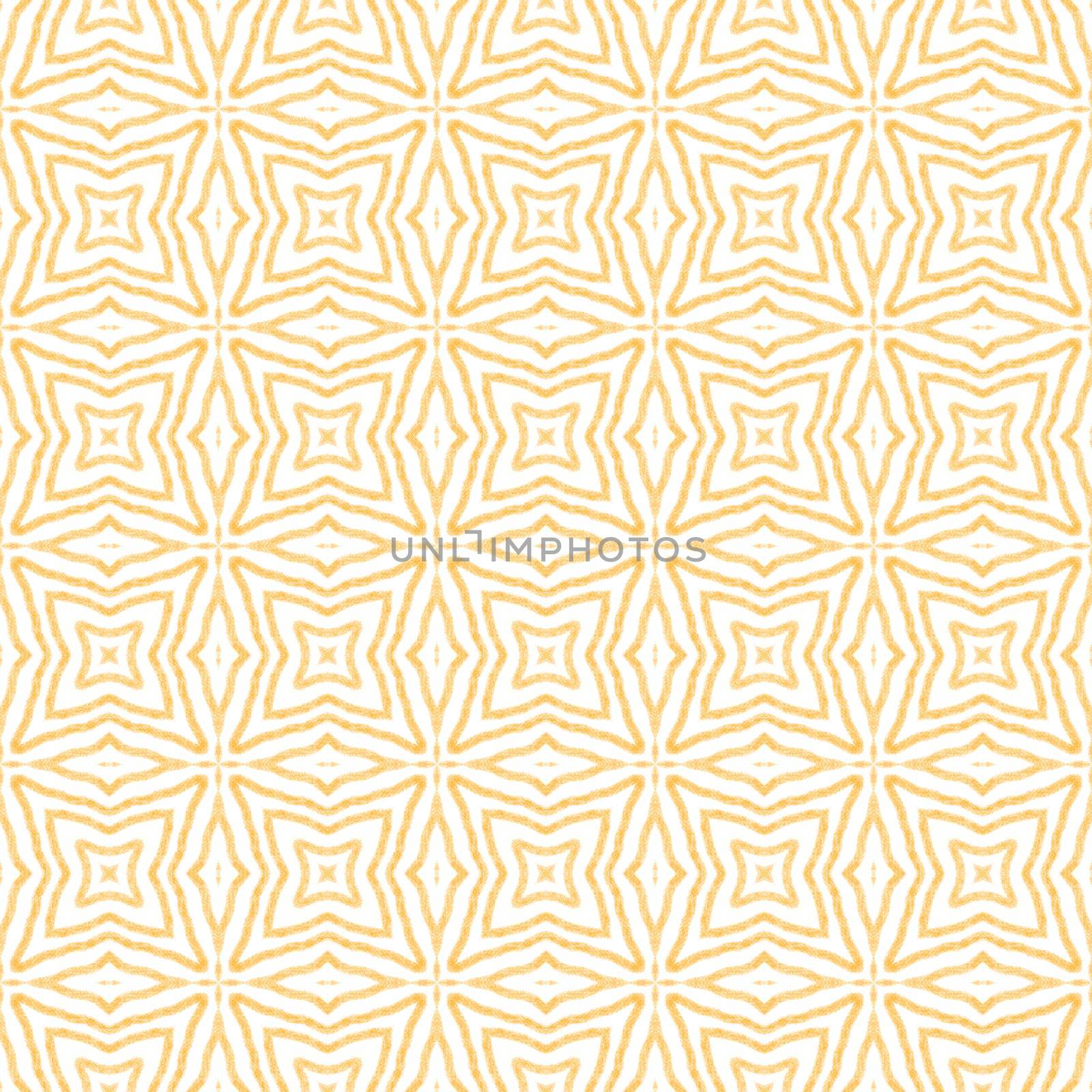 Ikat repeating swimwear design. Yellow symmetrical kaleidoscope background. Summer ikat sweamwear pattern. Textile ready exceptional print, swimwear fabric, wallpaper, wrapping.