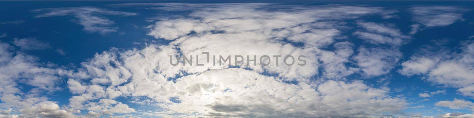 Panorama of a dark blue sunset sky with golden Cumulus clouds. Seamless hdr 360 panorama in spherical equiangular format. Full zenith for 3D visualization, sky replacement for aerial drone panoramas. by Matiunina