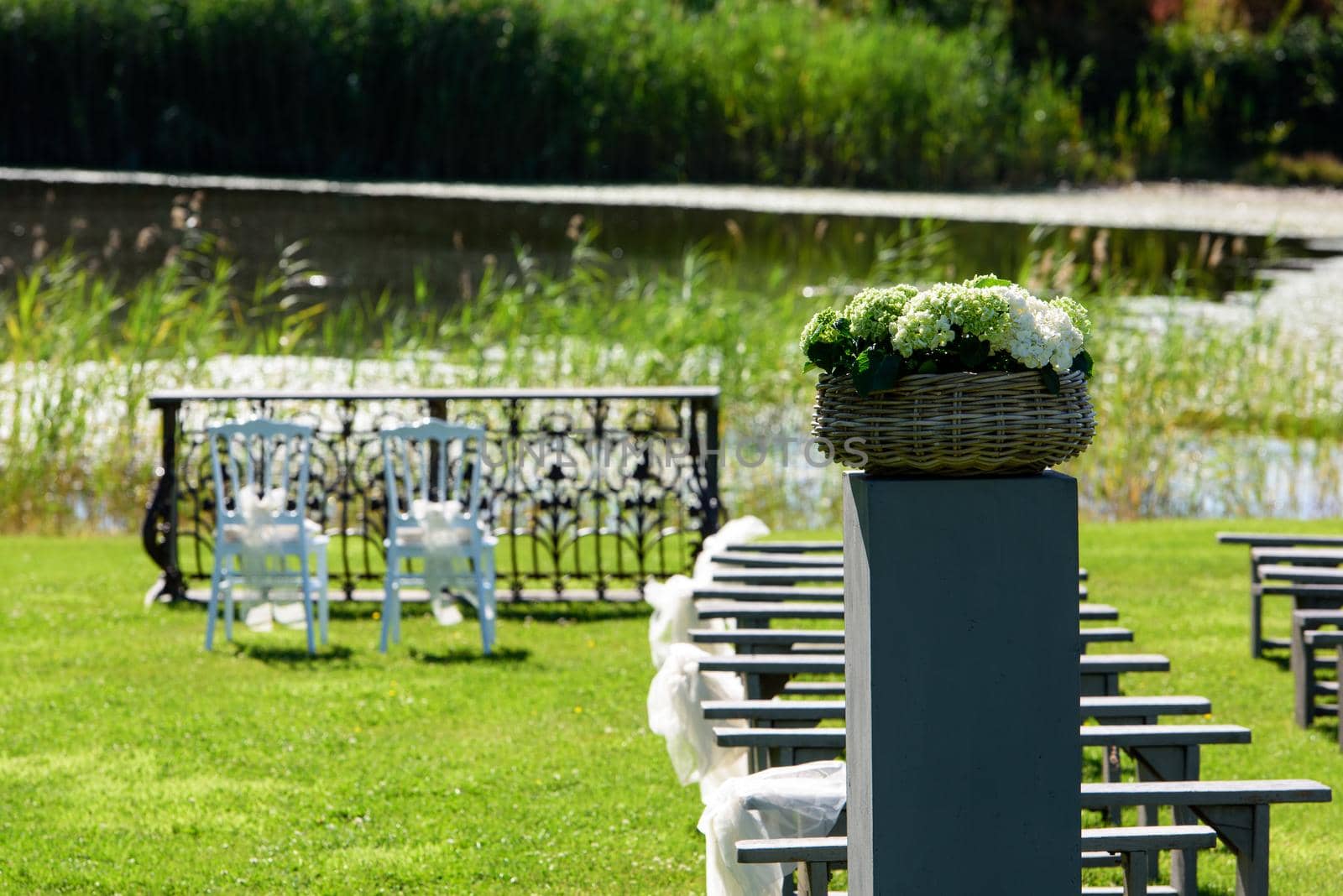 hortensia flowers as wedding decoration in a garden with a lake in the background and white chairs and grey banks wating for people.