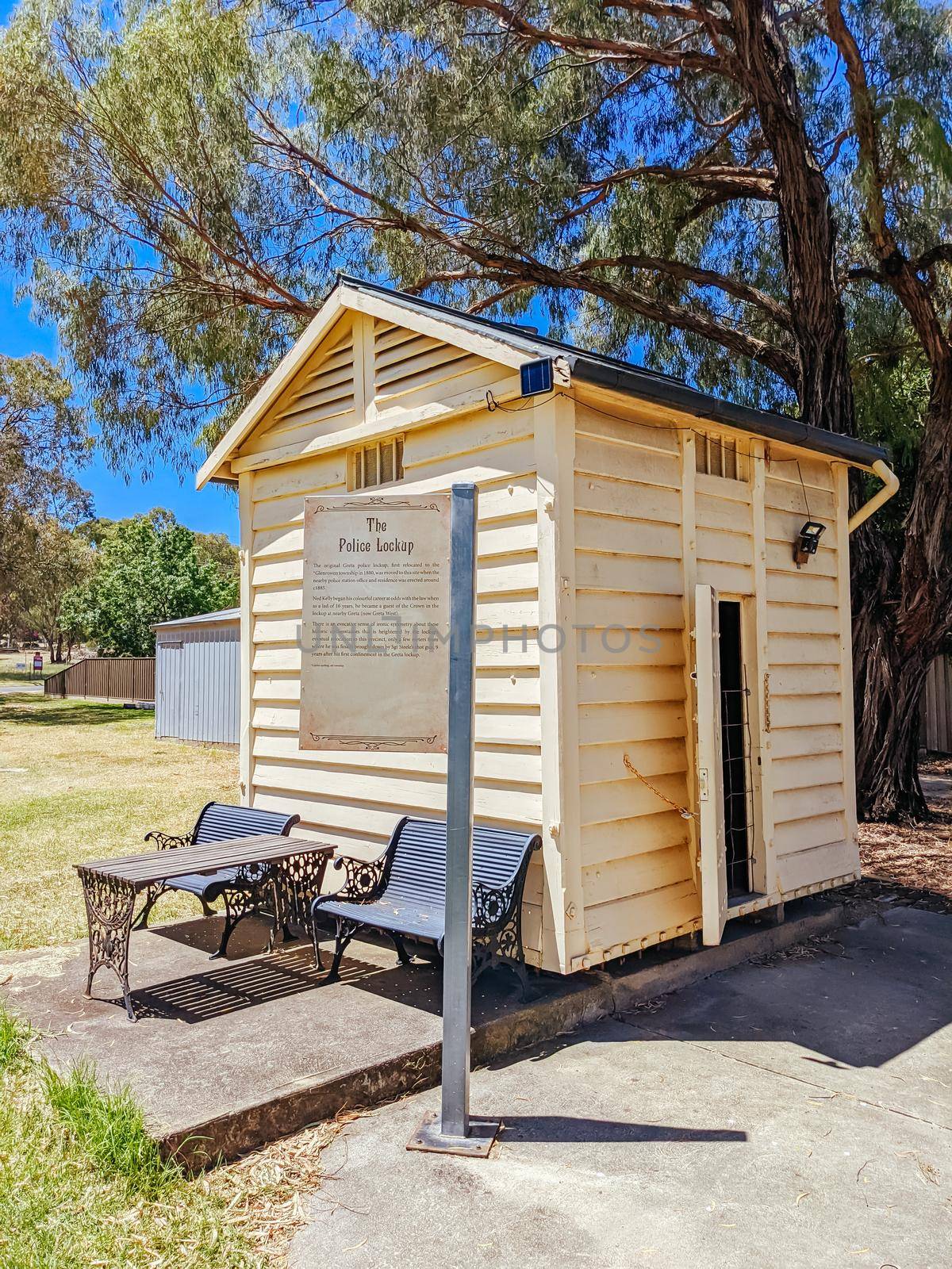 GLENROWAN, AUSTRALIA- DECEMBER 27 2021: The historic town of Glenrowan and its historic precinct, famous for its Kelly Gang history on a warm summer's day in Victoria, Australia