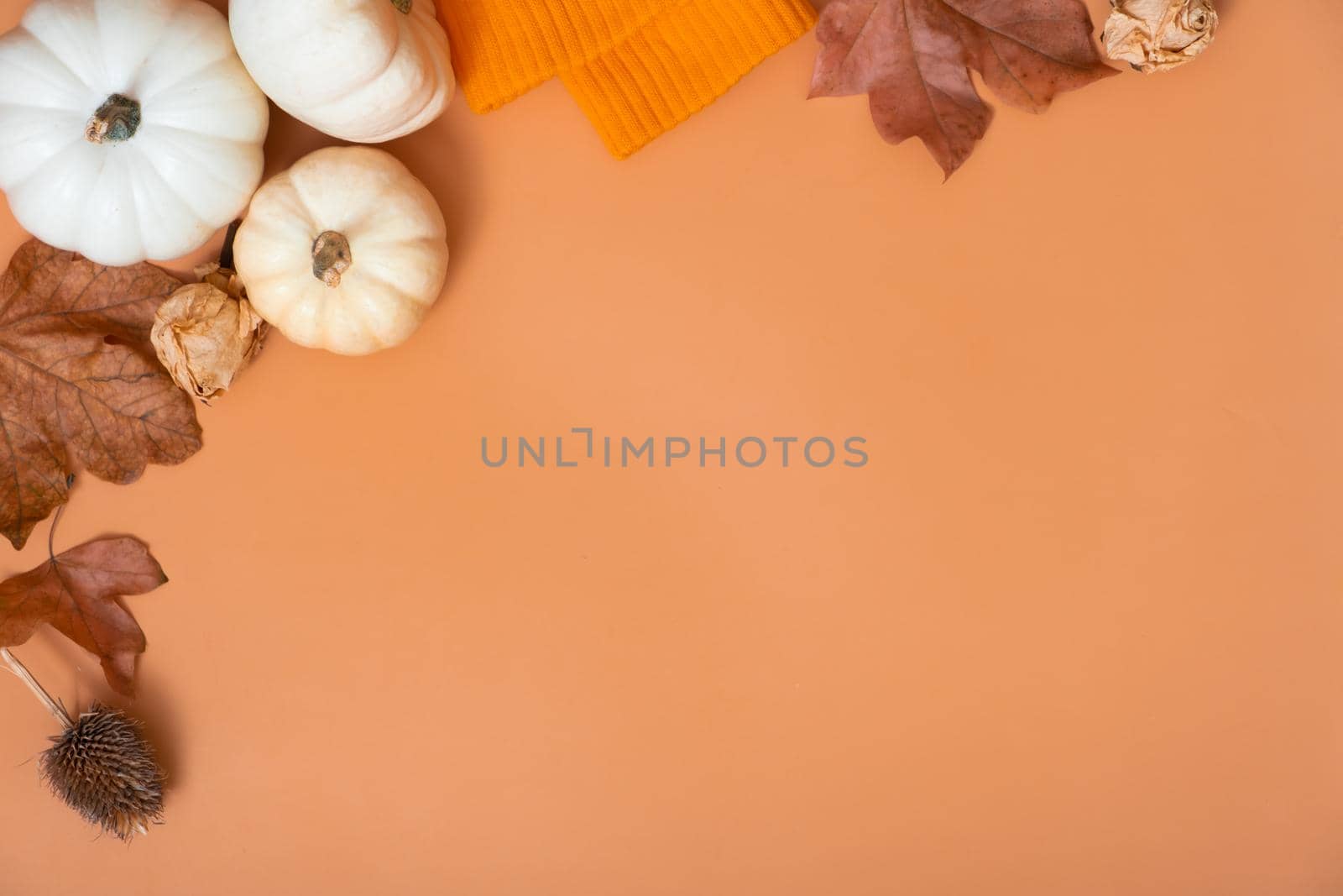 A small decorative pumpkins, autumn leaves and sweater top view on an orange background. Copy space by ssvimaliss