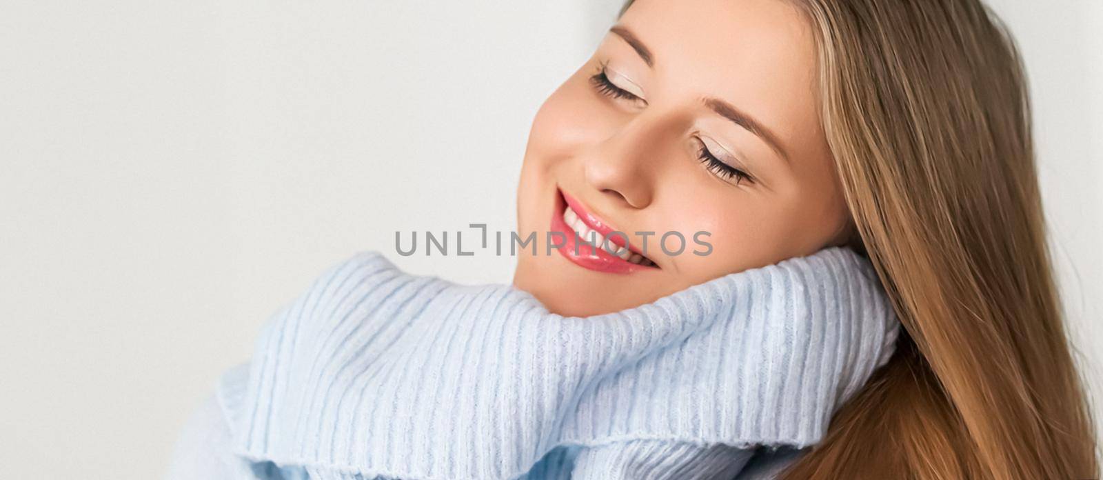 Autumn winter fashion and knitwear, beautiful woman wearing warm knitted sweater, close-up portrait