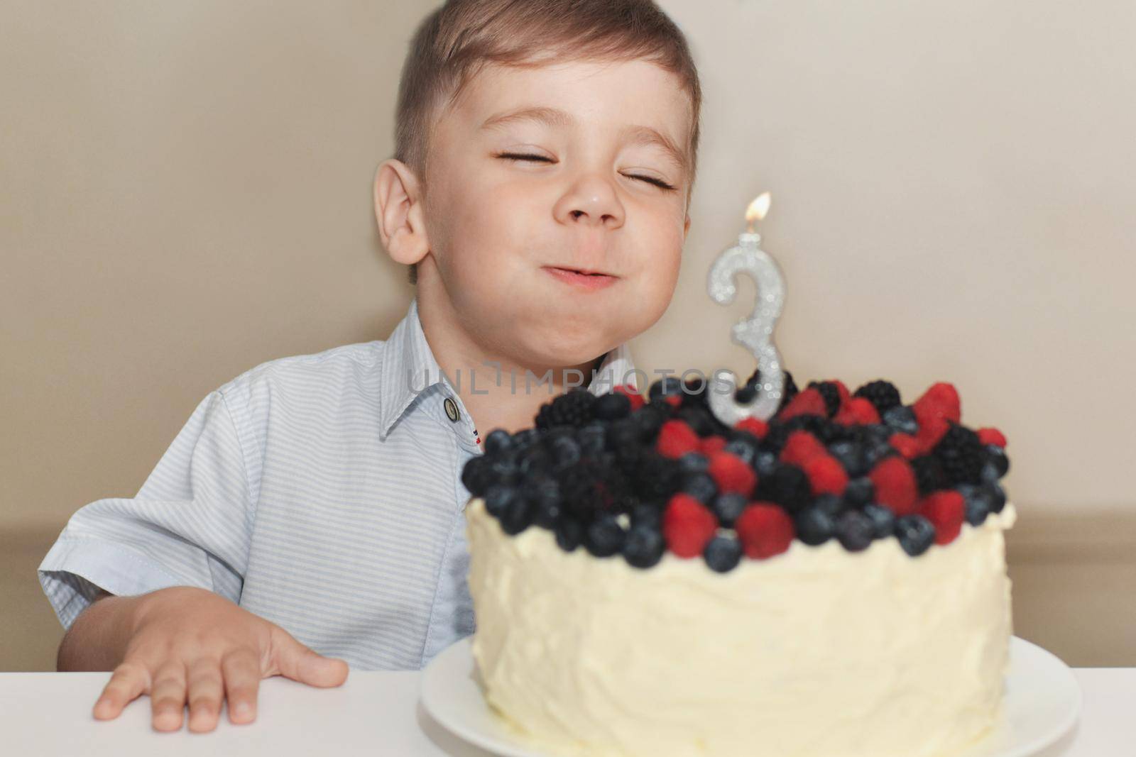 Boy blows out the candles for his birthday by Godi