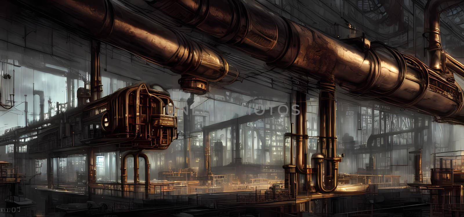 Apocalyptic industrial artwork, industrial pollution. Digital art painting for book illustration,background wallpaper, concept art.