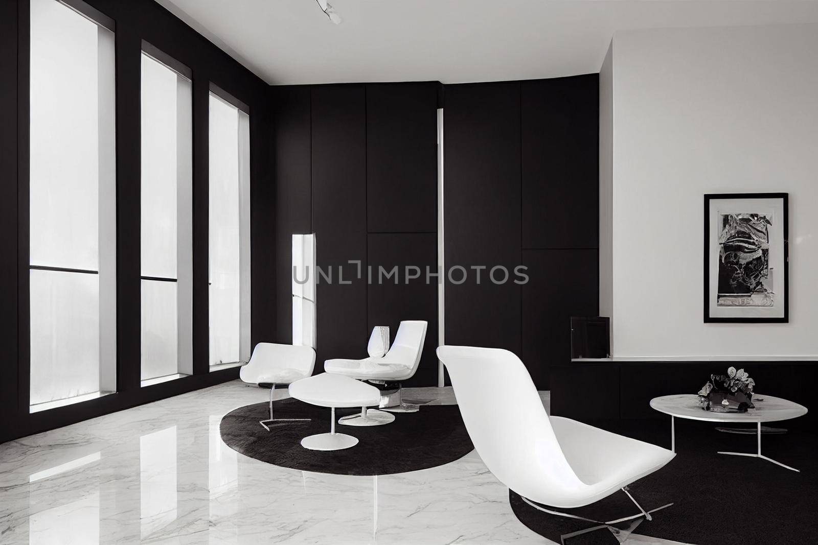 Modern living room 3D render with white luxurious furniture, white glossy marble floor and creative wooden chairs