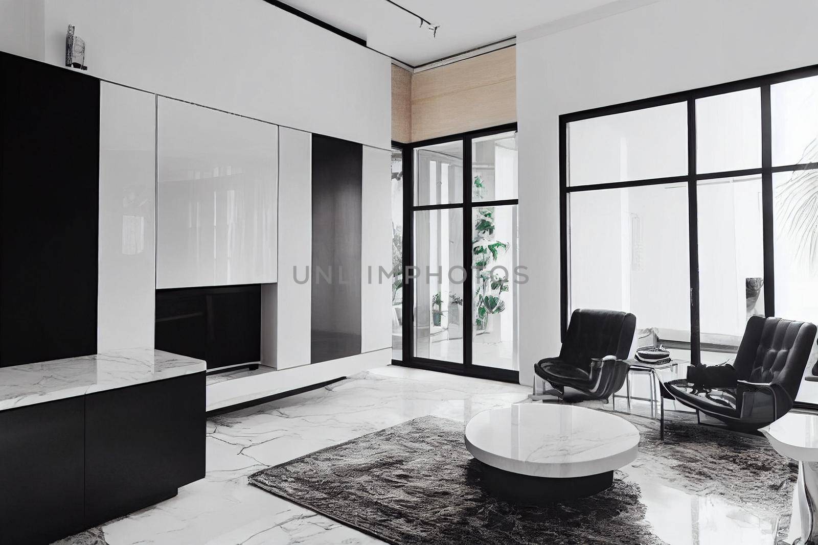 Modern living room 3D render with white luxurious furniture, white glossy marble floor and creative wooden chairs