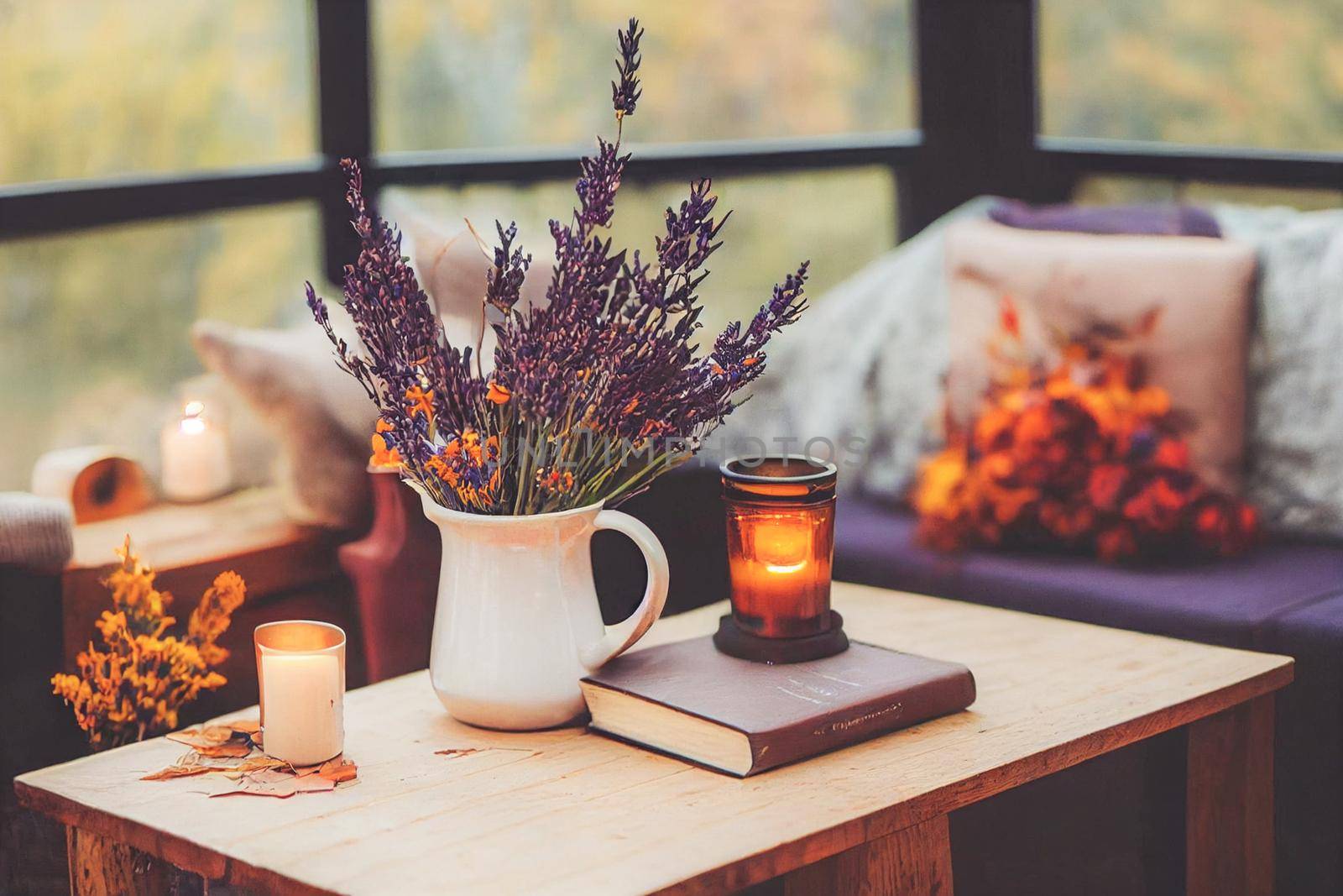Autumn hygge home decor arrangement, concept of hygge and coziness, burning white fragrance candle by FokasuArt