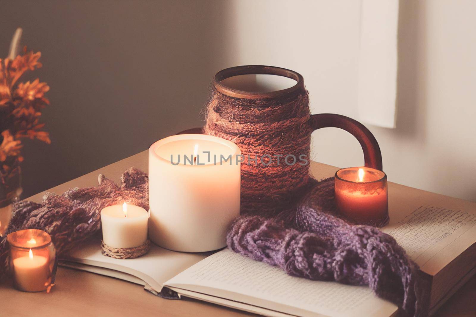 3D render of Autumn hygge home decor arrangement, concept of hygge and coziness, burning white fragrance candle on tray and lavender branches in a bottle vase on table at cozy home