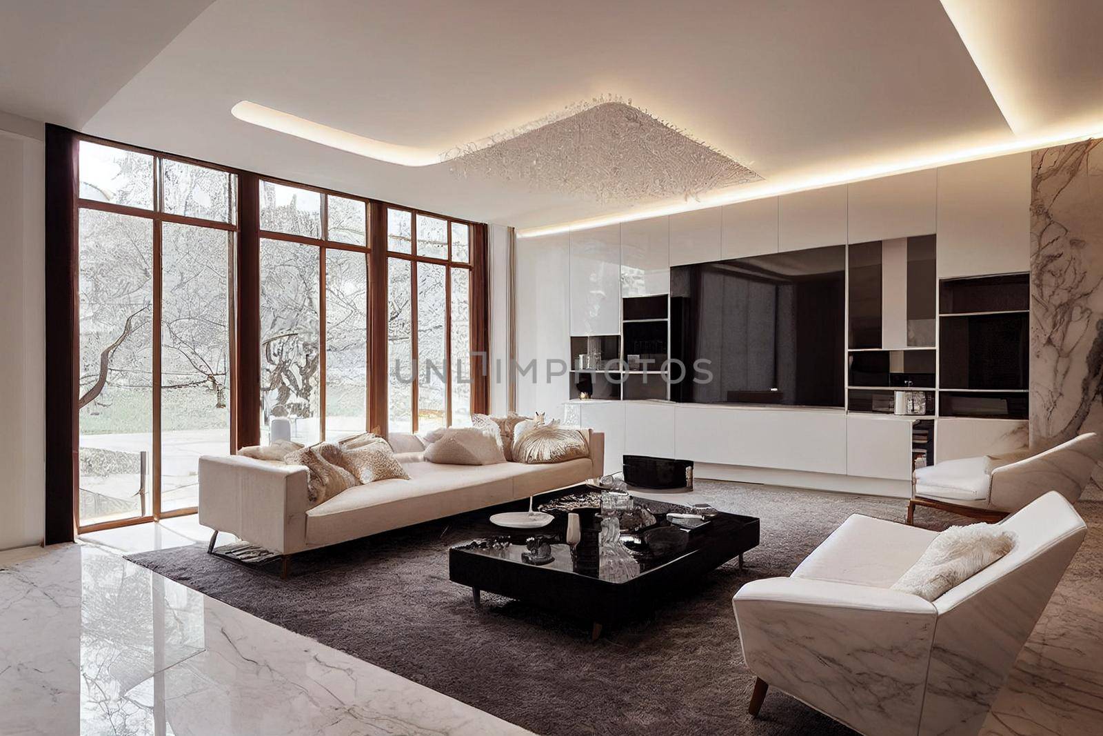 Modern living room 3D render with white luxurious furniture, white glossy marble floor and creative wooden chairs