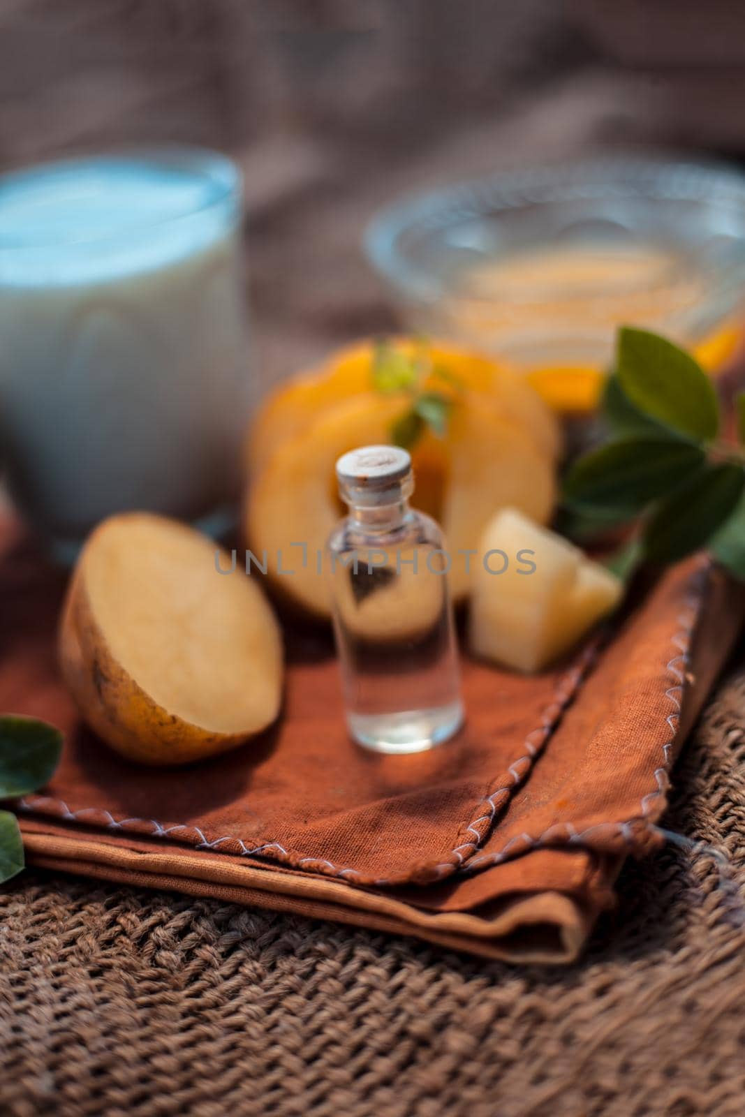 Potato face mask for wrinkles on jute bags surface i.e. potato juice well mixed with glycerin and milk.