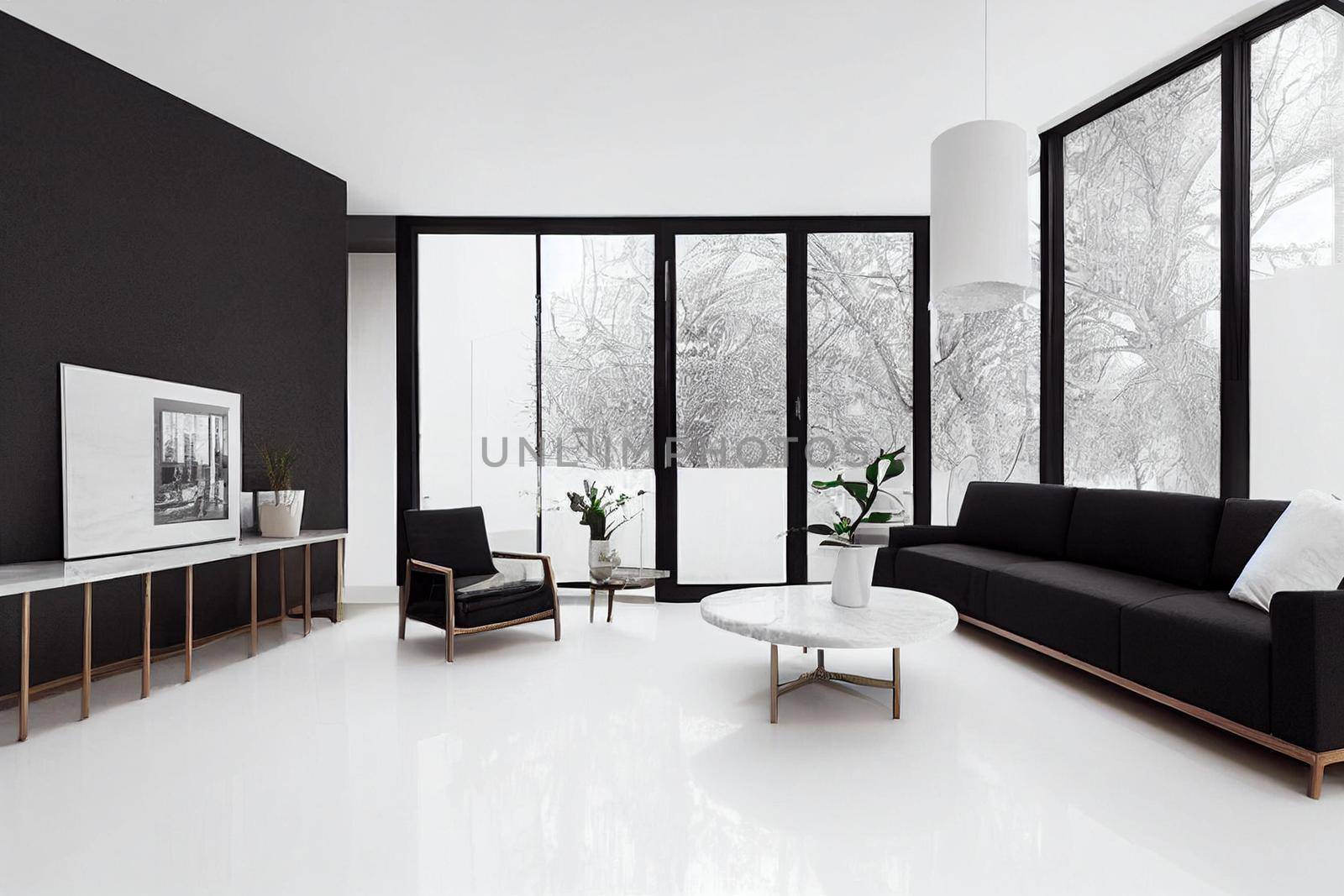 Modern living room 3D render with white luxurious furniture, white glossy marble floor and creative wooden chairs