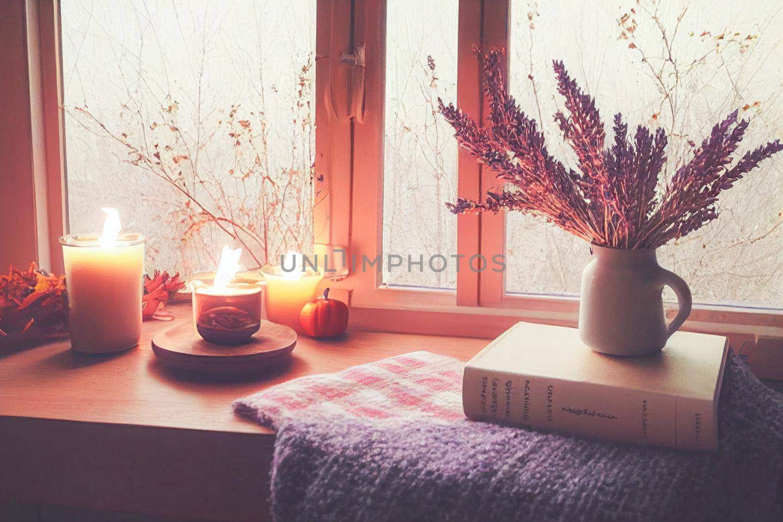 Autumn hygge home decor arrangement, concept of hygge and coziness, burning white fragrance candle by FokasuArt