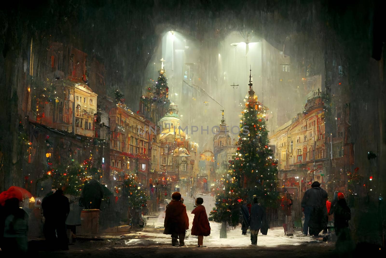 night crowded christmas european town street, neural network generated art by z1b