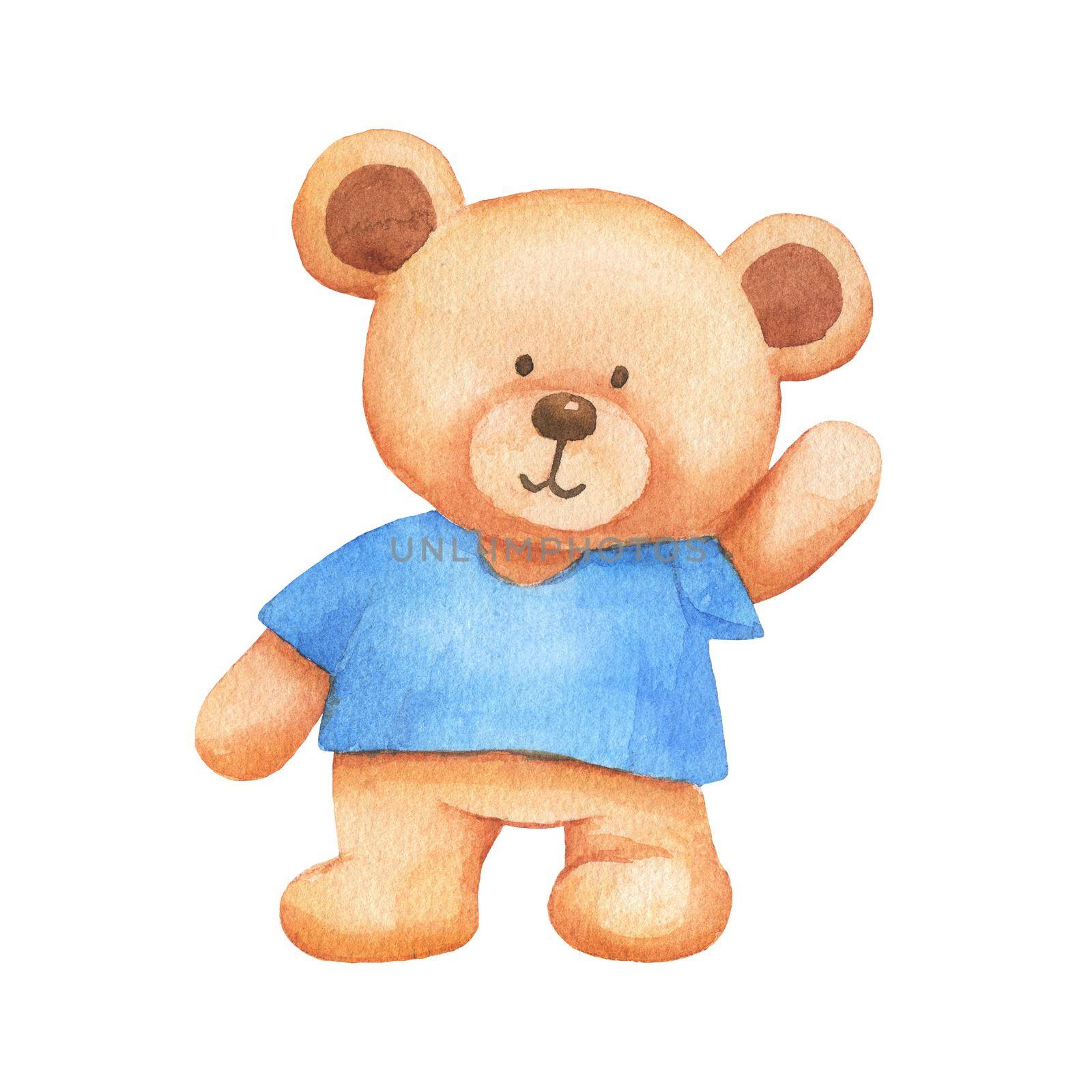 Watercolor cute bear toy in blue T-shirt. Hand drawn illustration isolated on white