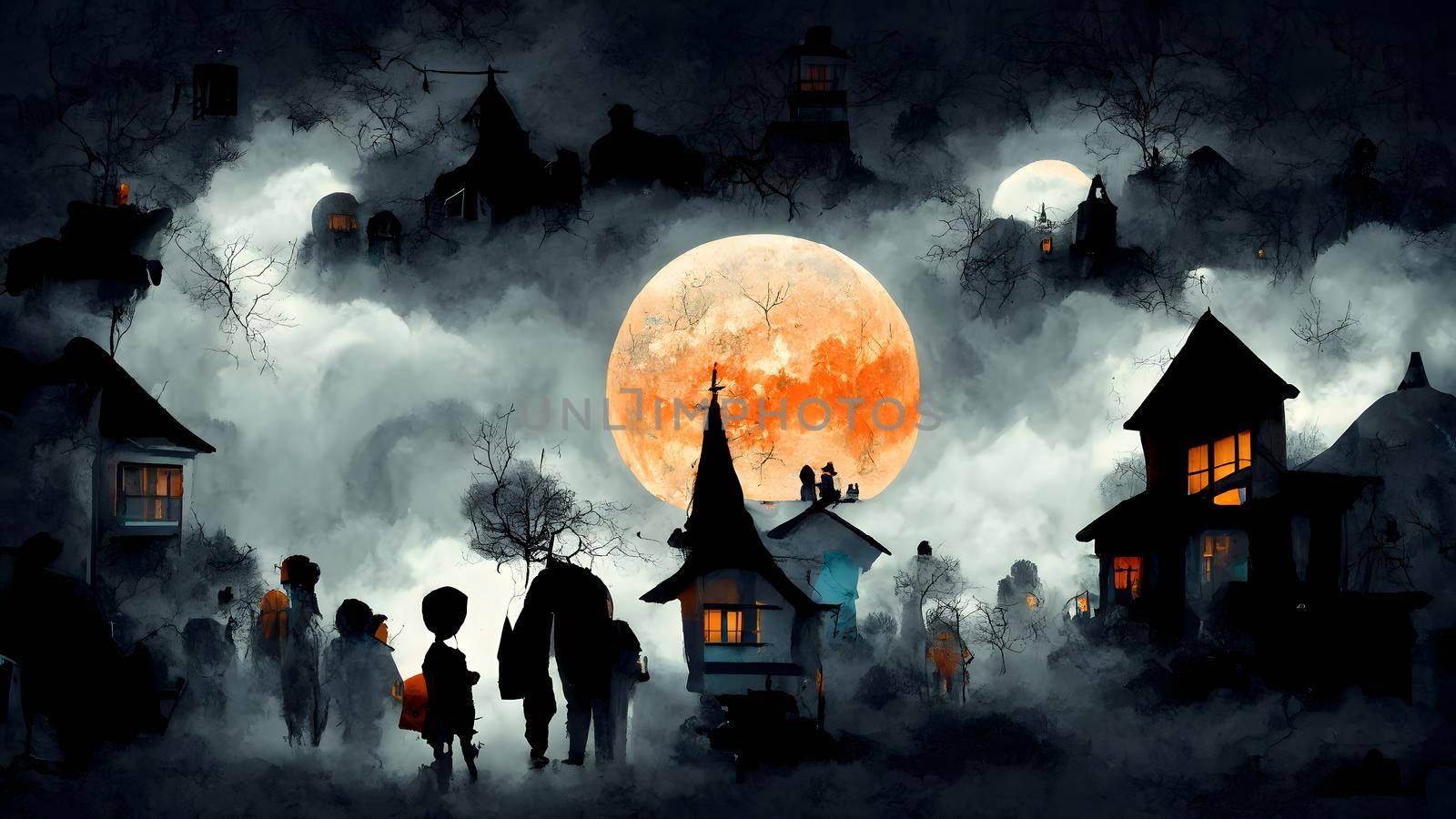kids playing on night halloween street, american neighborhood background, neural network generated art. Digitally generated image. Not based on any actual scene or pattern.