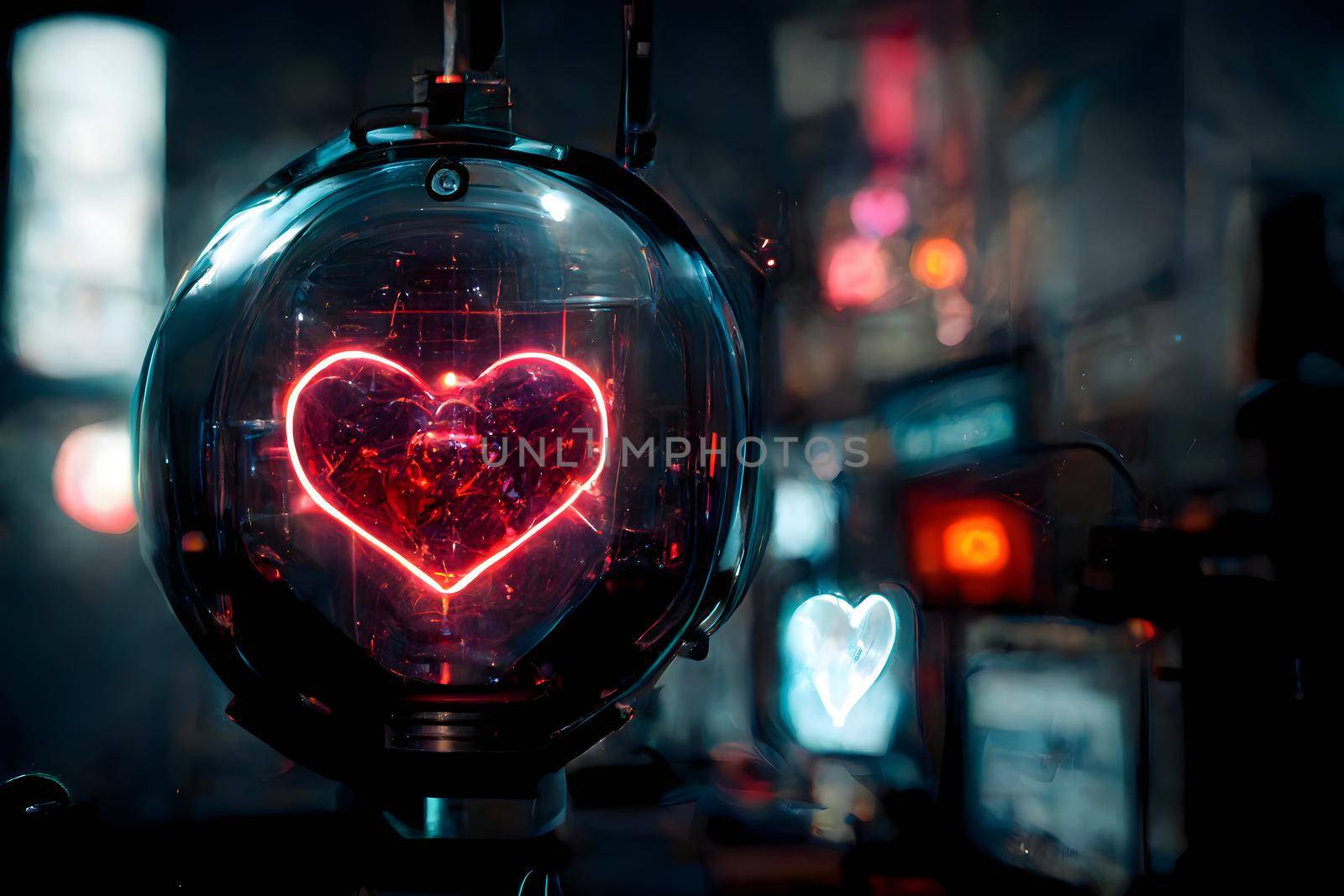 cyberpunk neon shiny and glowing hearts on gray background, neural network generated art painting by z1b